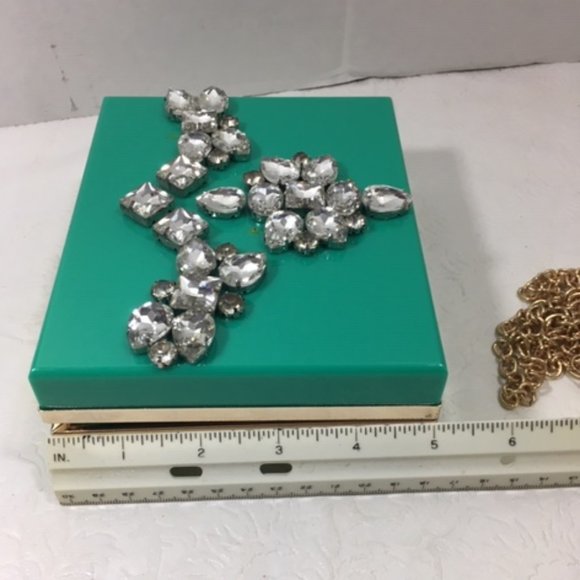Fashionable Rhinestone Hardcase Box Turquoise Glam Clutch Crossbody 5x6 - Picture 10 of 13